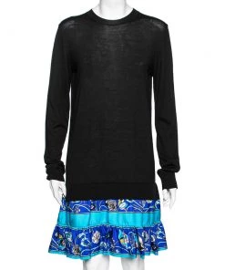 Emilio Pucci Black Wool & Printed Blue Silk Ruffled Hem Paneled Dress M For Women
