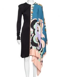 Emilio Pucci Multicolored Printed Silk Overlay Paneled Asymmetric Dress M For Women