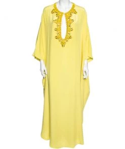 Emilio Pucci Yellow Silk Bead Embellished Cut Out Detail Kaftan Maxi Dress S For Women