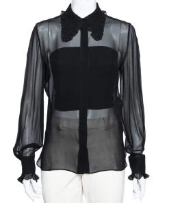 Emilio Pucci Black Silk Ruffle Trim Detailed Button Front Shirt M For Women