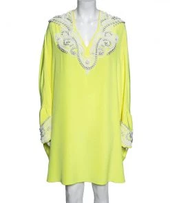 Emilio Pucci Yellow Silk Bead Embellished Kaftan Dress M For Women