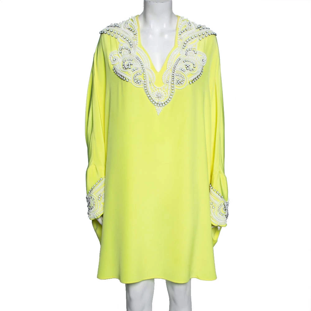Emilio Pucci Yellow Silk Bead Embellished Kaftan Dress M For Women