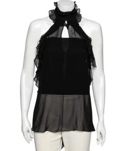 Emilio Pucci Black Silk Ruffled Sheer Top M For Women