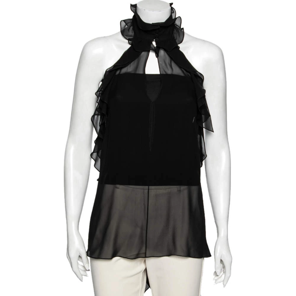 Emilio Pucci Black Silk Ruffled Sheer Top M For Women