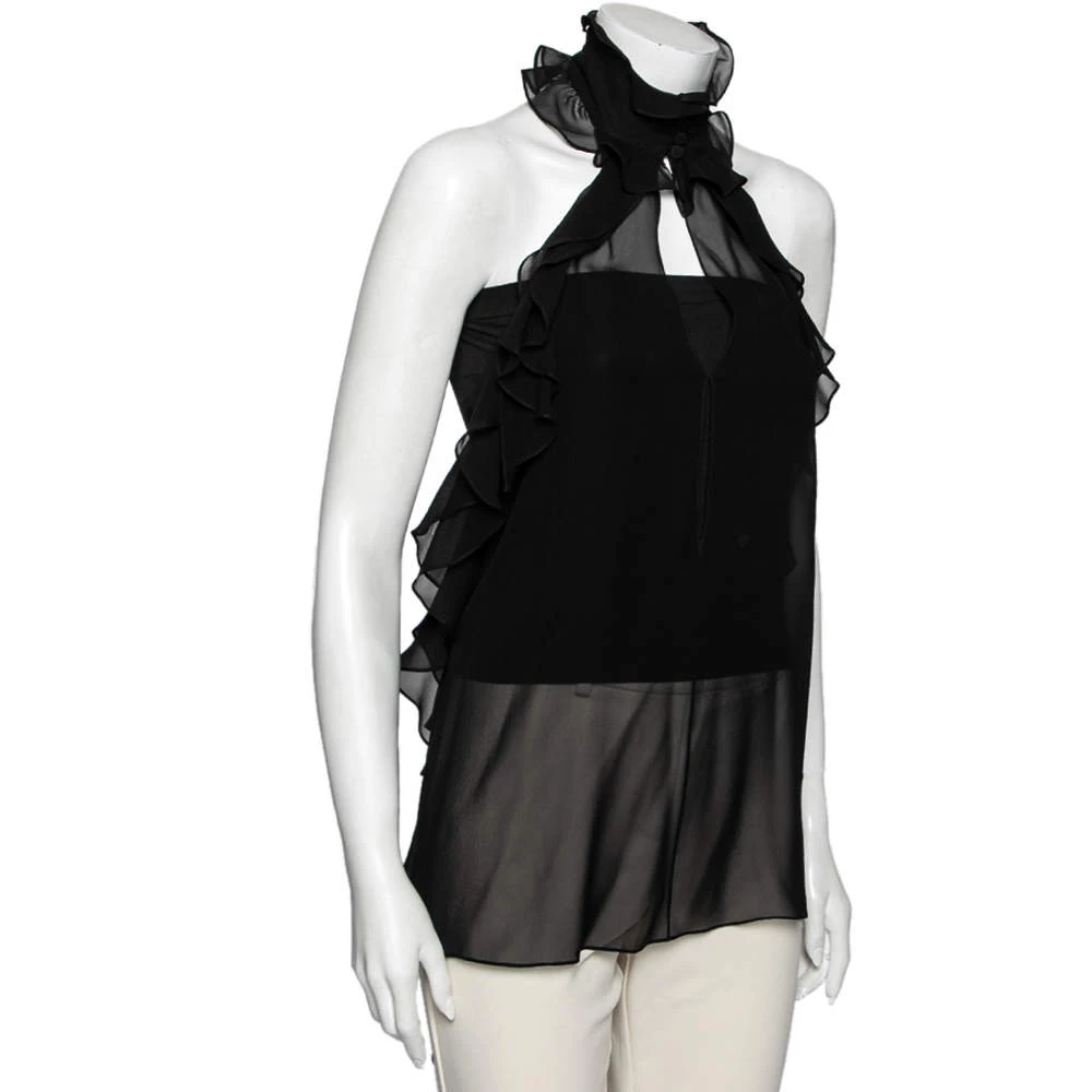 Emilio Pucci Black Silk Ruffled Sheer Top M For Women - Image 2