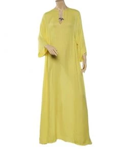 Emilio Pucci Yellow Silk Pleated Detail Kaftan Maxi Dress M For Women