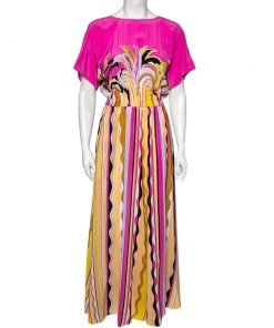 Emilio Pucci Multicolor Printed Silk Elastic Waist Detail Maxi Dress S For Women