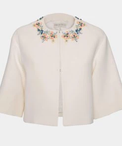 Emilio Pucci Cream Cotton Embellished Neck Detail Jacket S For Women