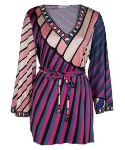 Emilio Pucci Multicolor Printed Knit Long Sleeve Belted Top L For Women