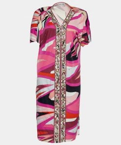 Emilio Pucci Pink Printed Jersey Embellished Eyelet Detail Tunic Dress M For Women
