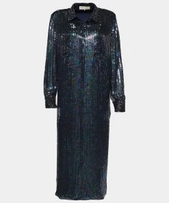 Emilio Pucci Metallic Sequin & Bead Embellished Silk Button Front Shirt Dress L For Women