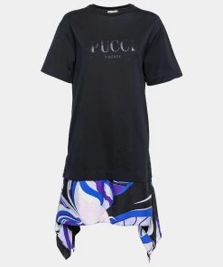 Emilio Pucci Black Cotton & Silk Short Sleeve T-Shirt Dress L For Women