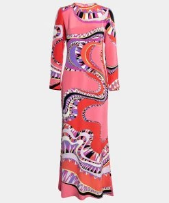 Emilio Pucci Multicolor Printed Silk Long Sleeve Maxi Dress M For Women