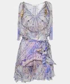 Emilio Pucci Purple Printed Chiffon Neck Tie Detail Belted Mini Dress S For Women