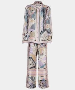 Emilio Pucci Pale Pink Battistero Print Silk Palazzo Trousers & Shirt Set M For Women