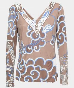 Emilio Pucci Multicolor Printed Jersey Long Sleeves V Neck Blouse L For Women