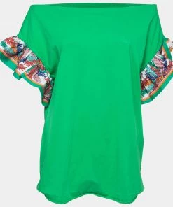 Emilio Pucci Green Cotton & Silk Contrast Sleeve Detail T-Shirt L For Women