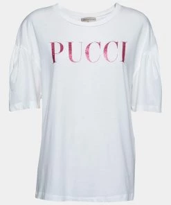 Emilio Pucci White Logo Printed Crew Neck Top L For Women