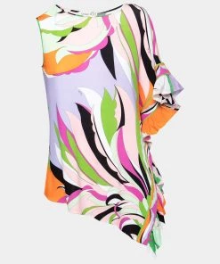 Emilio Pucci Multicolor Printed Jersey & Silk Ruffle Trimmed Top M For Women