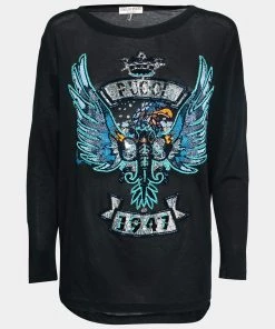 Emilio Pucci Black Cotton Bead Embroidered Embellished Round Neck T-Shirt S For Women