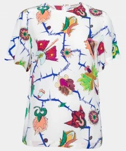 Emilio Pucci White Printed Silk Round Neck Short Sleeve Top S For Women