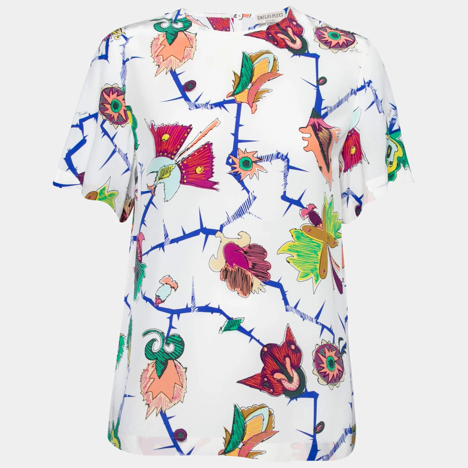 Emilio Pucci White Printed Silk Round Neck Short Sleeve Top S For Women
