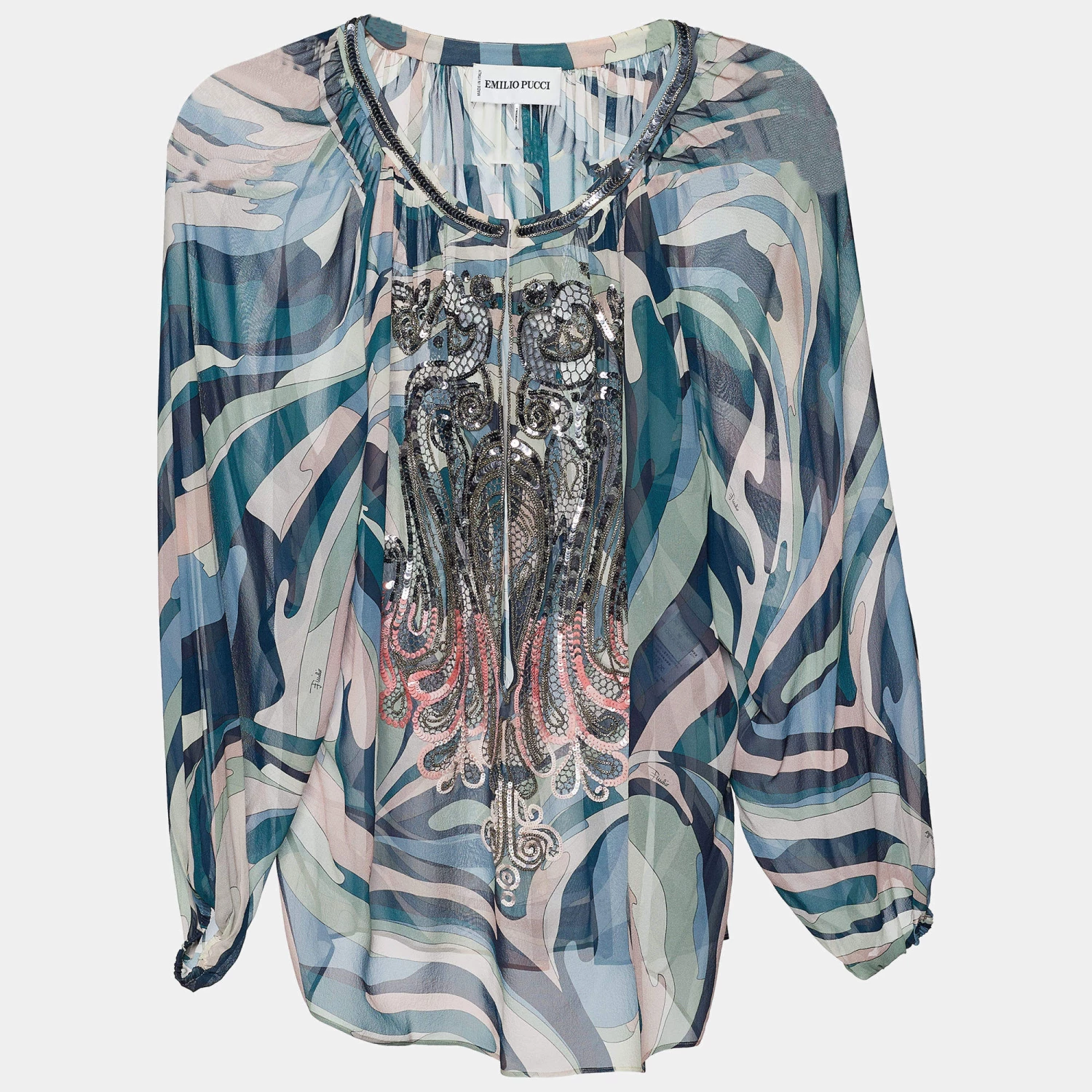 Emilio Pucci Multicolor Printed Silk Embellished Blouse S For Women