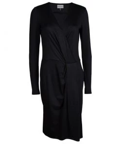 Emilio Pucci Black Knit Long Sleeve Draped Overlap Dress M For Women