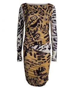 Emilio Pucci Animal Print Ruched Long Sleeve Jersey Dress M For Women
