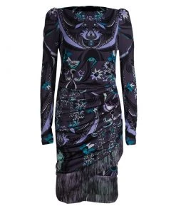 Emilio Pucci Purple Printed Knit Ruched Fringe Detail Dress M For Women