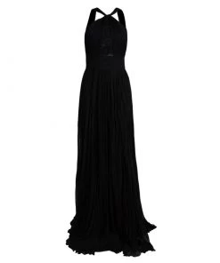 Emilio Pucci Black Plisse Silk Lace Detail Halter Gown S For Women