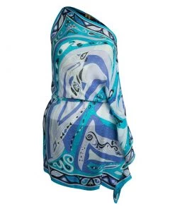 Emilio Pucci Blue Abstract Silk One Shoulder Top OS For Women
