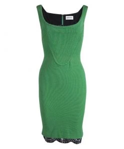 Emilio Pucci Green Knit Scalloped Lace Trim Sleeveless Bodycon Dress S For Women