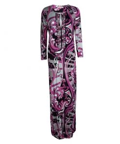 Emilio Pucci Multicolor Printed Embellished Long Sleeve Maxi Dress L For Women
