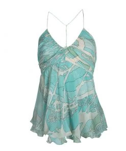 Emilio Pucci Blue Printed Silk Ruched Sleeveless Y Back Top S For Women