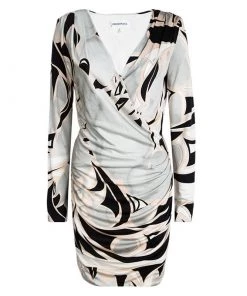 Emilio Pucci Multicolor Printed Silk Long Sleeve Draped Dress M For Women