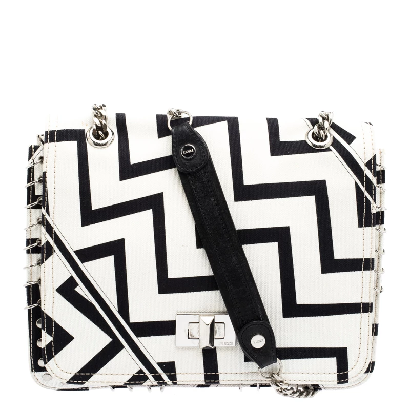 Emilio Pucci Black And White Canvas Marquise Flap Bag For Women