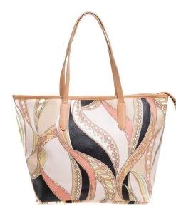 Emilio Pucci Peach Printed Coated Canvas And Leather Zip Tote For Women