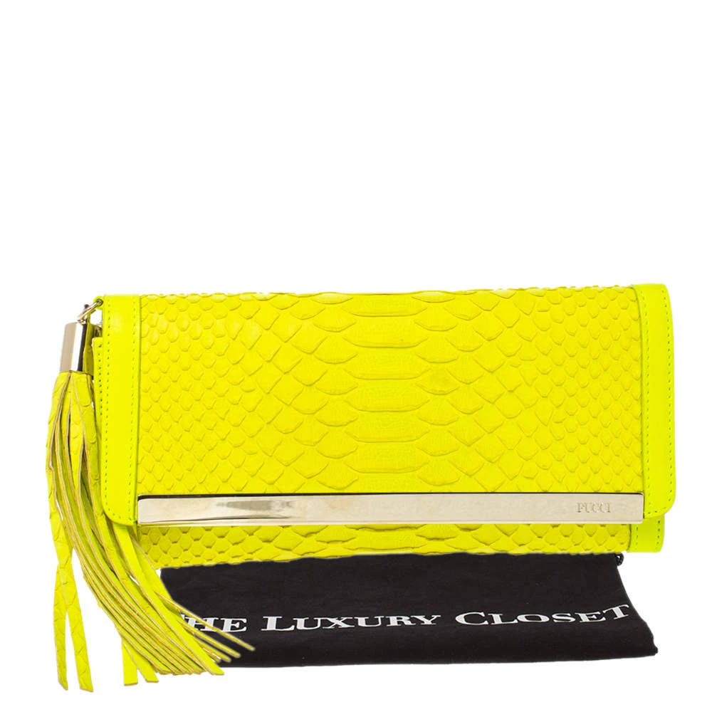 Emilio Pucci Neon Green Python And Leather Metal Bar Flap Clutch For Women - Image 9