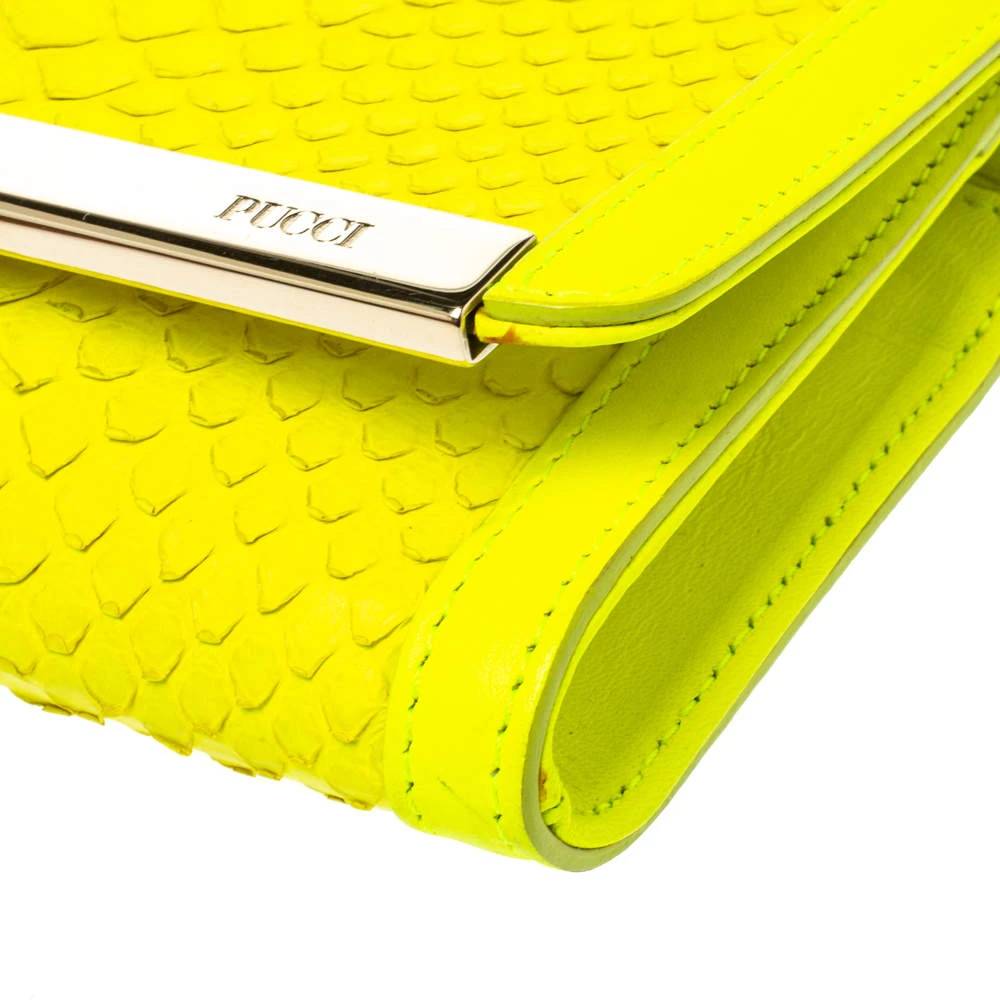 Emilio Pucci Neon Green Python And Leather Metal Bar Flap Clutch For Women - Image 11