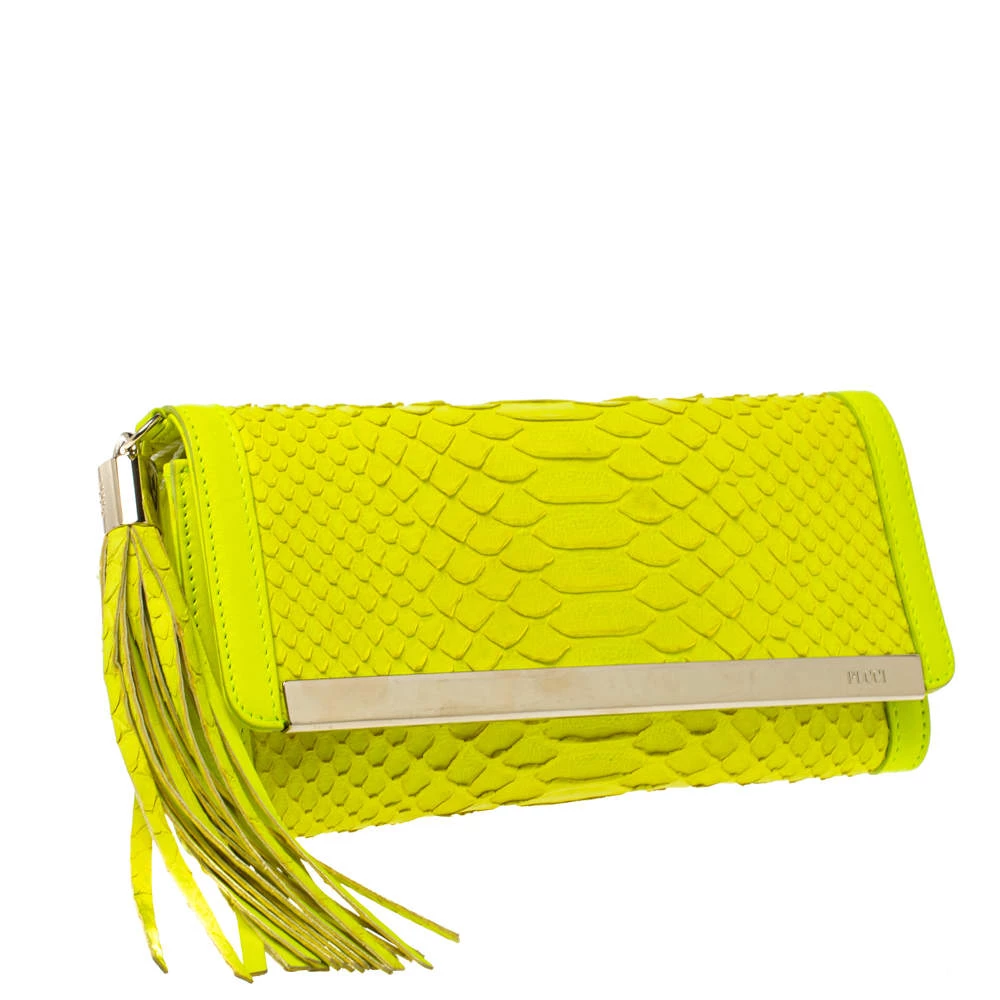 Emilio Pucci Neon Green Python And Leather Metal Bar Flap Clutch For Women - Image 3