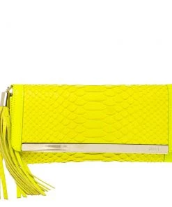 Emilio Pucci Neon Green Python And Leather Metal Bar Flap Clutch For Women