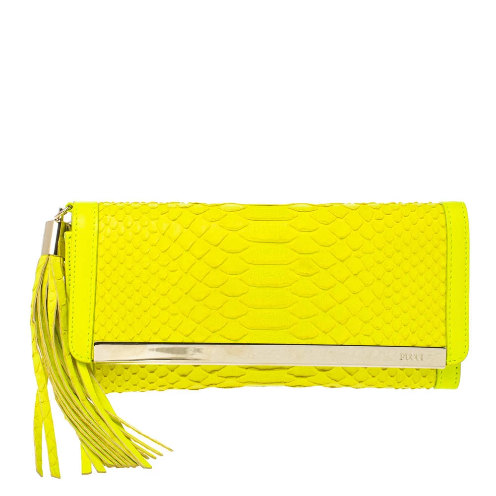 Emilio Pucci Neon Green Python And Leather Metal Bar Flap Clutch For Women