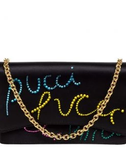 Emilio Pucci Black Leather Crystal Embellished Shoulder Bag For Women