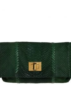 Emilio Pucci Green Python Fold Over Flap Clutch For Women