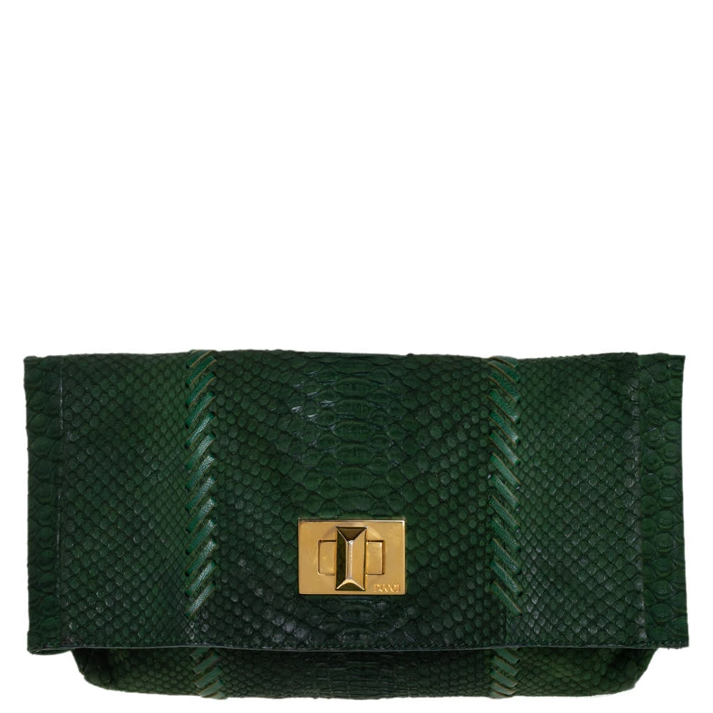 Emilio Pucci Green Python Fold Over Flap Clutch For Women