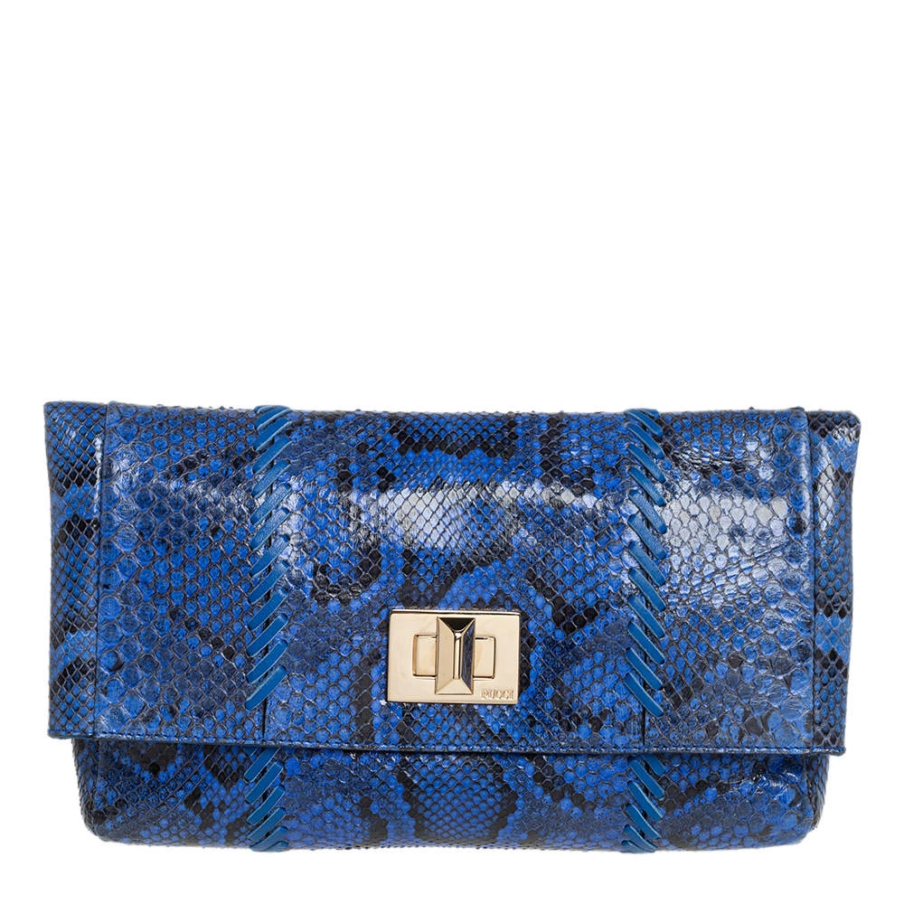Emilio Pucci Blue Python Fold Over Flap Clutch For Women