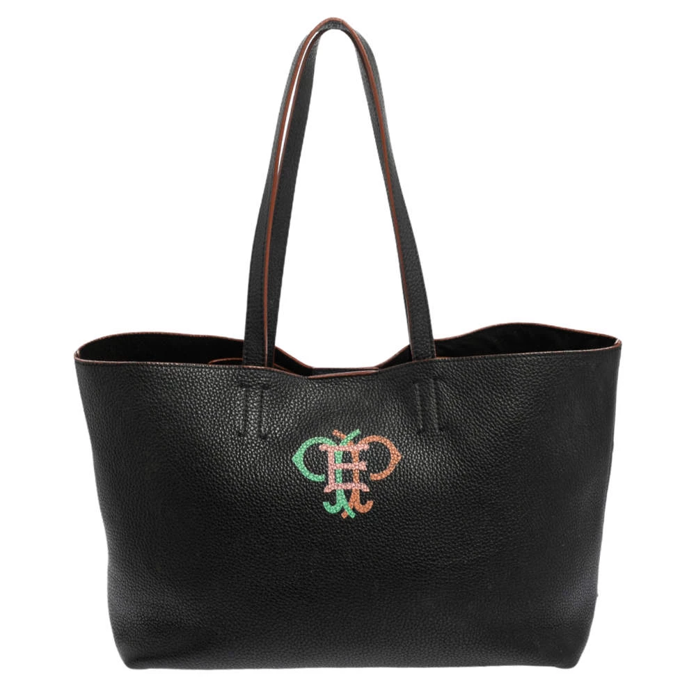 Emilio Pucci Black Grained Leather Printed Shopper Tote For Women