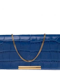Emilio Pucci Blue Croc Embossed Leather Wallet On Chain For Women