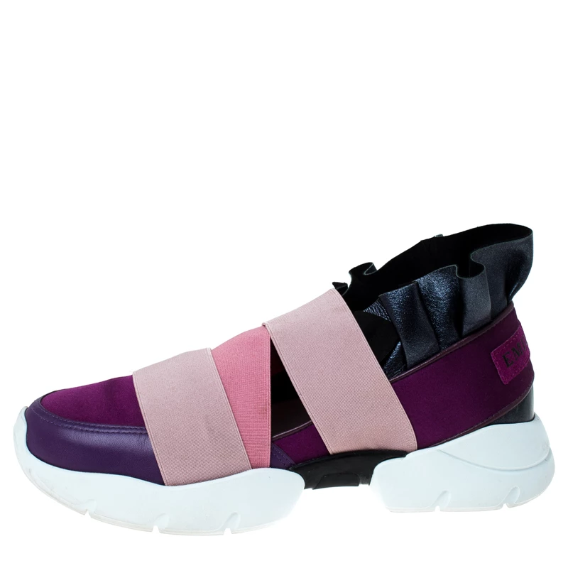 Emilio Pucci Multicolor Leather And Satin City Up Ruffle Sneakers Size 38 For Women - Image 2